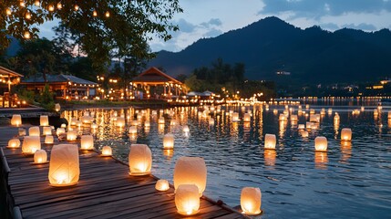 Serene River with Floating Lanterns at Yi Peng Festival