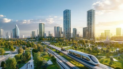 Fototapeta premium Urban Landscape with Futuristic Architecture and Transit