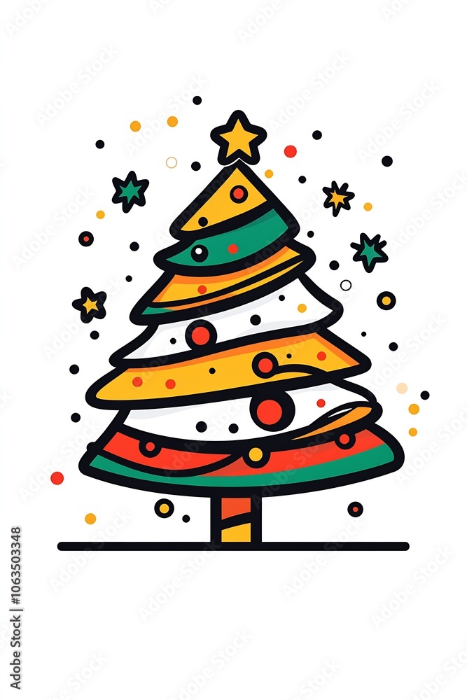 Poster modern vector christmas tree with colorful circles and stars for festive holiday graphic designs : g