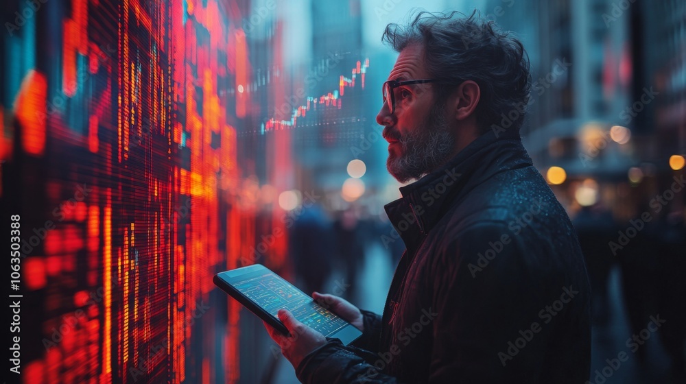 Leinwandbilder A man stands in a bustling city, engrossed in analyzing stock market data displayed on a digital screen, illuminated by evening lights. He uses a tablet to track trends.