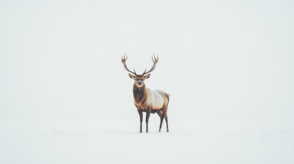 Obraz premium A majestic elk with large antlers stands in a snowy field, looking directly at the camera.