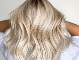 Naklejka premium A woman with long wavy blonde hair is shown from the back