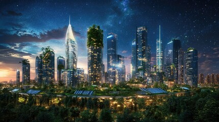 Vibrant Cityscape at Night with Lush Greenery