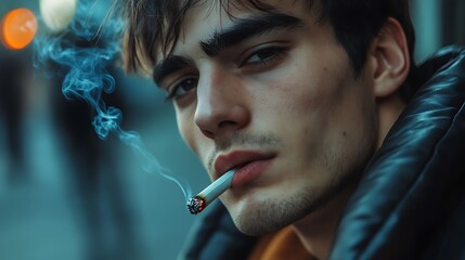 Obraz premium Close-up Portrait of a Young Man Smoking