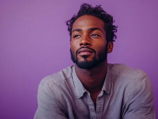Obraz premium A man with a thoughtful expression sits against a solid purple background, wearing a light gray shirt. The composition is calm and introspective.