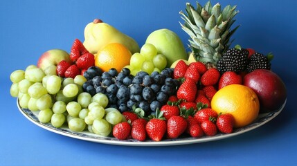 Colorful Fruit Arrangement on Blue Background