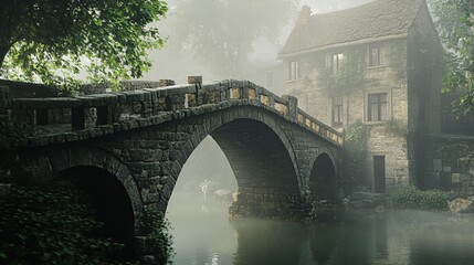 Fototapeta premium Stone Bridge in Foggy Village