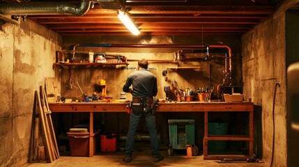 A plumber in action, installing new pipes in an unfinished