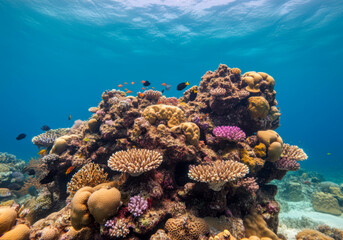 Fototapeta premium Underwater tropical seascape coral reef and fishes background