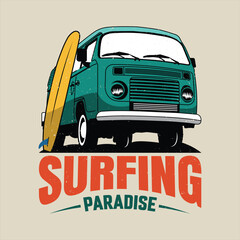 Summer vibes surfing paradise camper van illustration for t-shirt, patch, sticker etc © Joy's Design