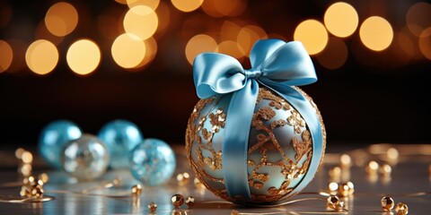 A festive blue and gold Christmas ornament adorned with a delicate blue bow against a backdrop of warm bokeh lights.