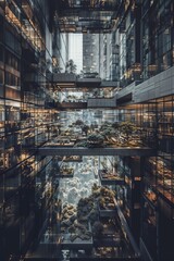 Fototapeta premium Futuristic Atrium With Lush Rooftop Gardens in Modern Urban Building