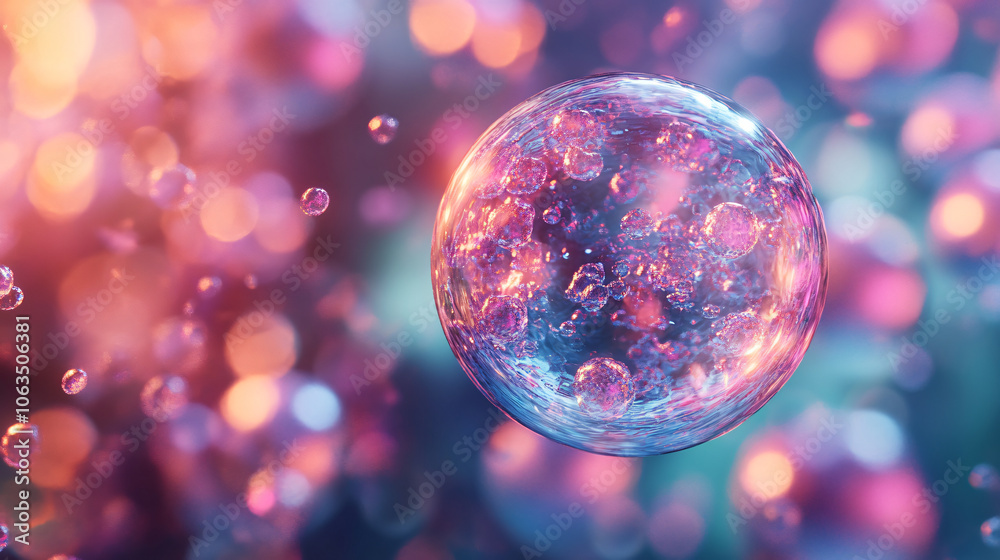 Leinwandbilder Transparent sphere with floating bubbles in 3d rendering against a sparkling bokeh background