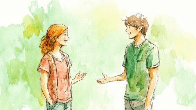 Watercolor Illustration of Two People in Conversation