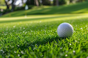 A close-up photograph of a golf ball resting on lush green grass on a summer day at a golf course,