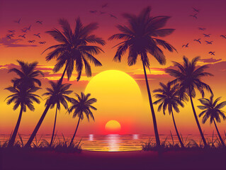 Gorgeous beach sunset with striking silhouettes of palm trees on a tranquil evening sky.