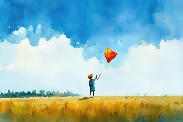 Child flying a colorful kite in an open field under a bright blue sky