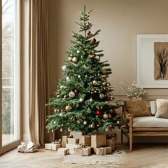 A beautifully decorated Christmas tree stands in a cozy room, adorned with twinkling lights and colorful ornaments. Wrapped gifts are placed underneath the tree, enhancing the festive atmosphere.
