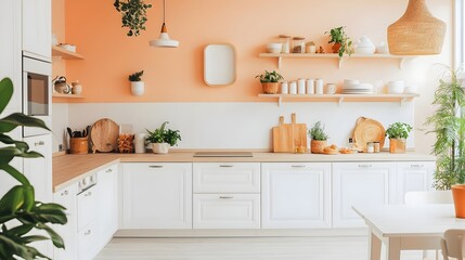 Fototapeta premium Kitchen with Peach Accent Wall and Modern White Cabinetry