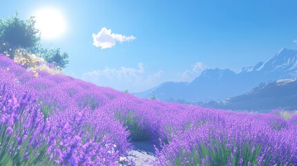 Fototapeta premium A breathtaking view of lavender rows, the purple flowers glowing in the sun under a clear blue sky, evoking a sense of calm and the cool freshness of a crisp day.