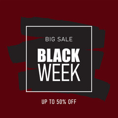 black week sale banner, vector illustration, design element for sale promotion, white letters isolated on dark red background