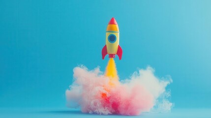 toy rocket launching into the air, spewing colorful smoke against a serene blue backdrop, symbolizing the excitement of success in startup education and creativity. a playful nod to innovation