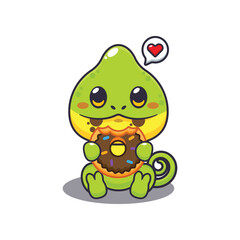 Chameleon eating donut cartoon vector illustration