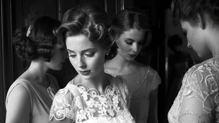 A bridal party prepares for the wedding, featuring bridesmaids assisting the bride. The setting is elegant with a vintage, black and white aesthetic.