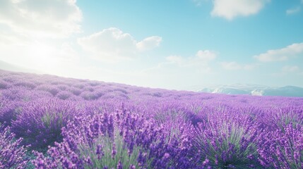 Obraz premium Expansive lavender field in full bloom with vibrant purple hues stretching to the horizon, set against a clear, blue sky in a refreshing, cool-climate atmosphere.