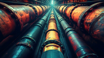 Rusty Pipes in an Industrial Tunnel, plumbing, metal, steel, old, grunge