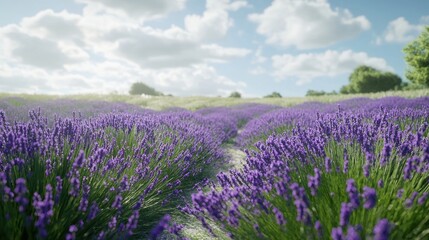 Naklejka premium Lush lavender field with vibrant purple blooms under a bright sky, creating a refreshing, cool landscape perfect for showcasing the beauty of a tranquil countryside.