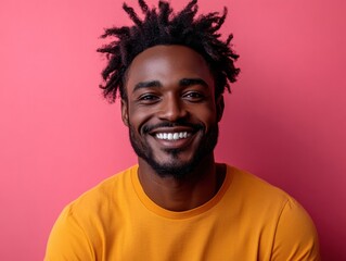 A man with curly hair smiles confidently in front of a solid pink background, wearing a bright orange shirt.