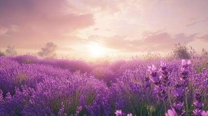 Fototapeta premium Lush lavender field with vibrant purple blooms under a bright sky, creating a refreshing, cool landscape perfect for showcasing the beauty of a tranquil countryside.