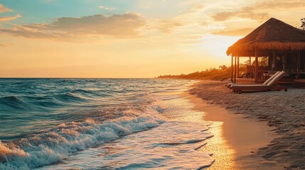 tranquil beach scene at golden hour, featuring a luxurious bungalow with cozy lounging area, surrounded by soft waves, creating a romantic atmosphere for couples