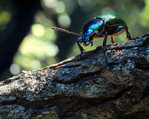 Iridescent Beetle Crawling on Bark Nature s Hidden Gem