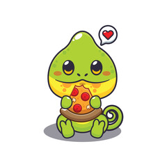 Chameleon eating pizza cartoon vector illustration