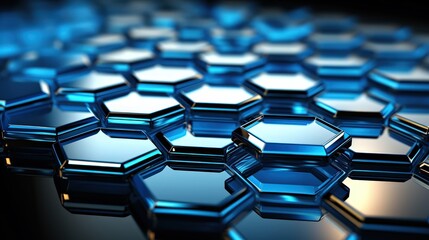 Fototapeta premium Abstract blue and black hexagonal geometric pattern with a subtle metallic sheen and a shallow depth of field