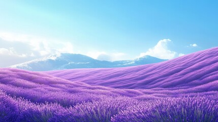 Naklejka premium Wide lavender field bathed in sunlight under a clear blue sky, capturing the tranquil beauty of a cool, refreshing day with rolling purple waves.
