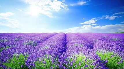 Fototapeta premium Wide lavender field bathed in sunlight under a clear blue sky, capturing the tranquil beauty of a cool, refreshing day with rolling purple waves.