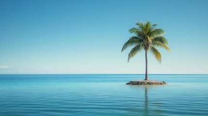 Fototapeta premium tranquil scene of a solitary palm tree on a small island, surrounded by clear blue waters, under a cloudless sky, evoking peace, serenity, and relaxation