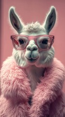 Naklejka premium creative concept featuring a stylish llama wearing fashionable sunglasses against a solid pastel background capturing a playful and whimsical vibe for advertising