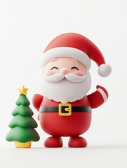 Obraz premium Smiling Cartoon Santa Waving by Christmas Tree with Presents : Generative AI