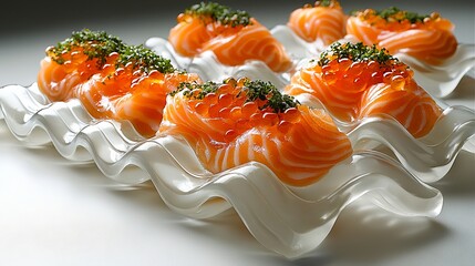 A white plate topped with slices of salmon covered in caviar