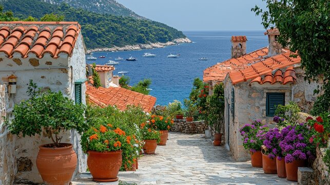 Fototapeta Mediterranean Village Street with Sea View Cobblestone Pathway Flowers and Boats