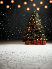 Obraz premium Festive Christmas tree with lights and gifts, snowy background, holiday spirit.