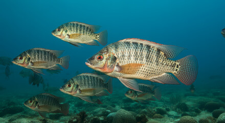 Naklejka premium Group of nile tilapia fish swimming in the ocean
