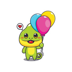 Chameleon with balloon cartoon vector illustration