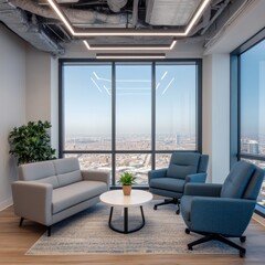 Fototapeta premium Modern office lounge with seating and city view, designed for relaxation.