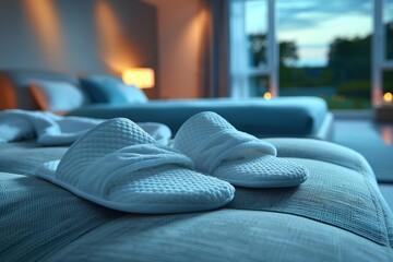 Cozy white hotel slippers placed neatly beside the bed in a welcoming guest room