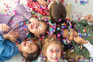 Portrait happy friend school girl children student, kid, child having fun activity play party,...